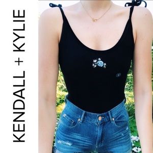 S | Kendall & Kylie | Velour Bodysuit with Tie Up Straps